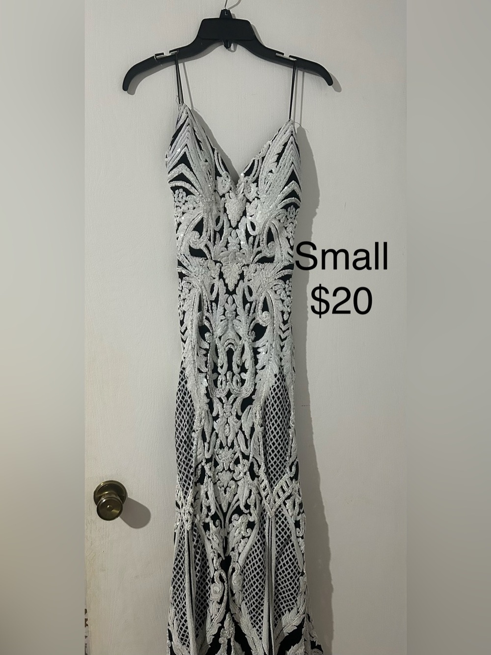 Black & Silver Embellished V-Neck Evening Dress - Small